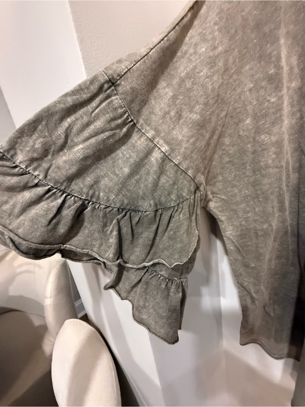 easel Mineral Wash Ruffle Sleeve Top — Taupe - Picture 4 of 5